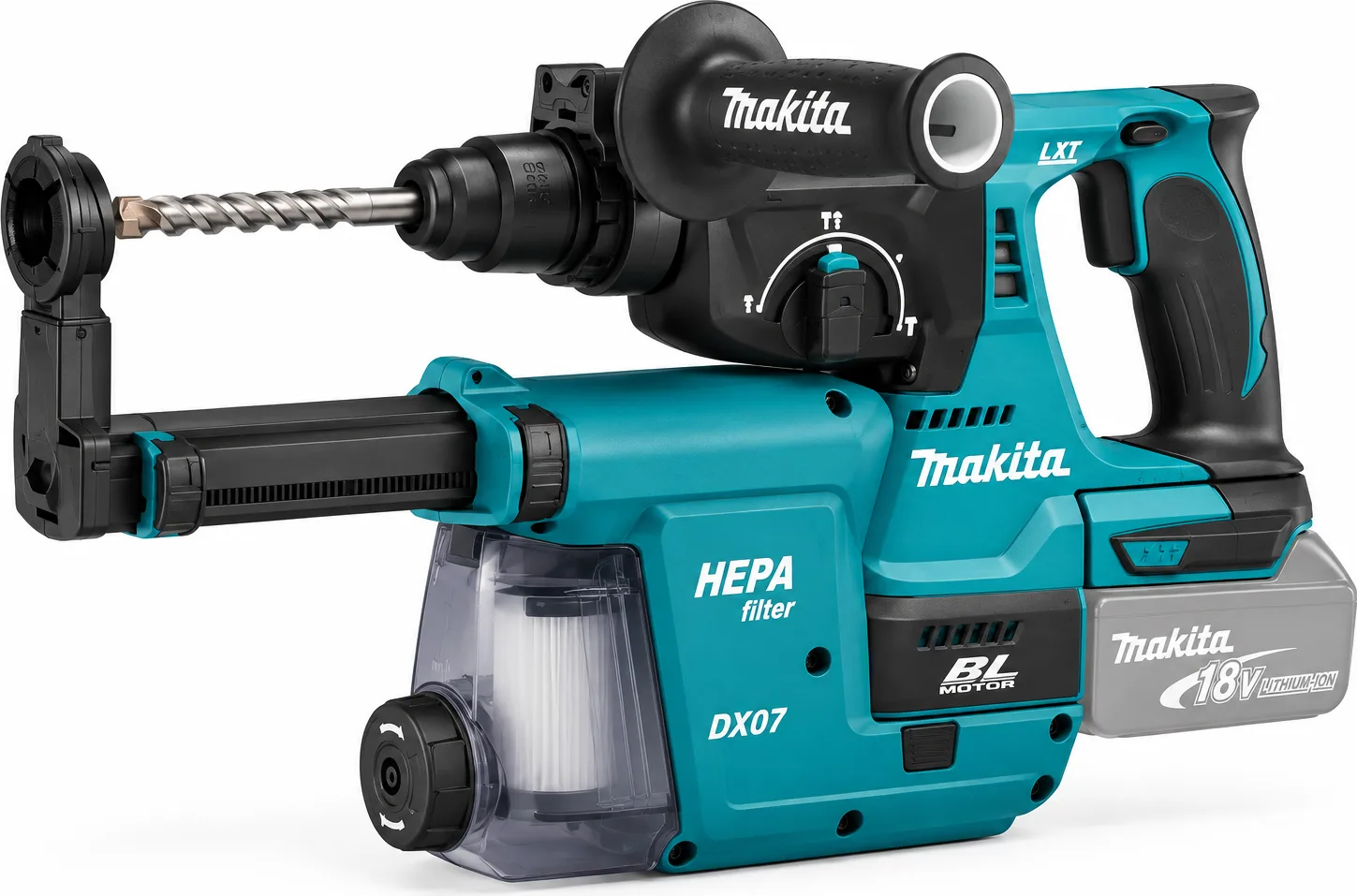 Akupuurvasar Makita DHR243ZJW 18V – SDS-Plus, 2,0 J + DX07 tolmukogumissüsteem